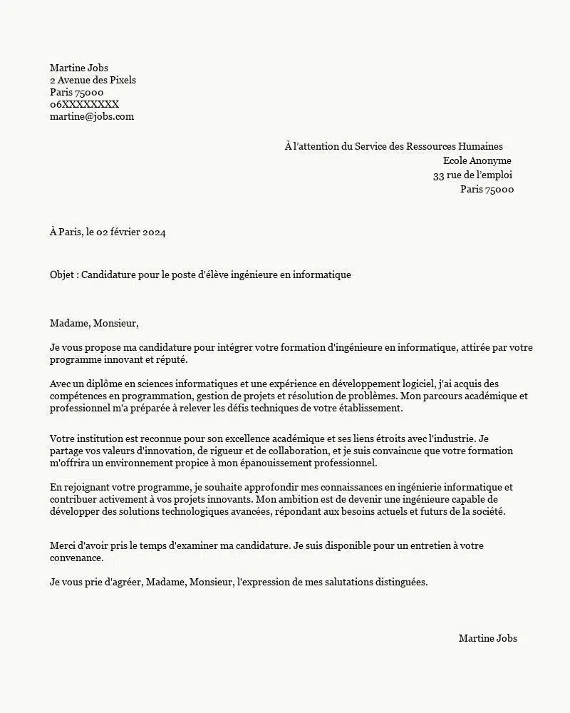 Lettres de Motivation pour l'Admission en École d'Ingénieur en Informatique